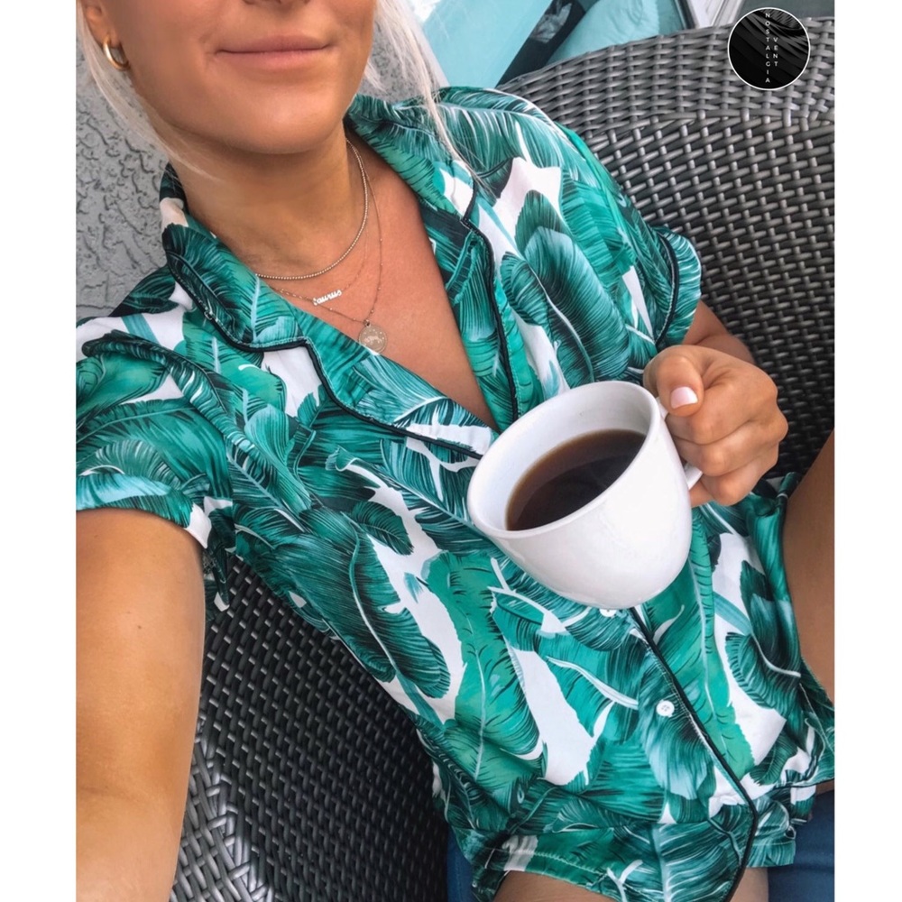 Tropical Green Leaf Satin Pajama Set - Women's Sleepwear..Size M..